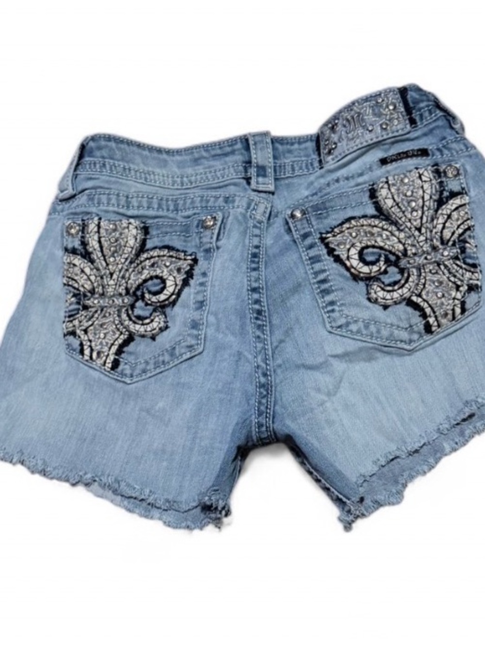Vintage Y2K Miss Me Embellished Fleur de Lis Raw Hem Grungy Denim Shorts